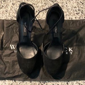 White House Black Market black suede high heel shoes with ankle strap